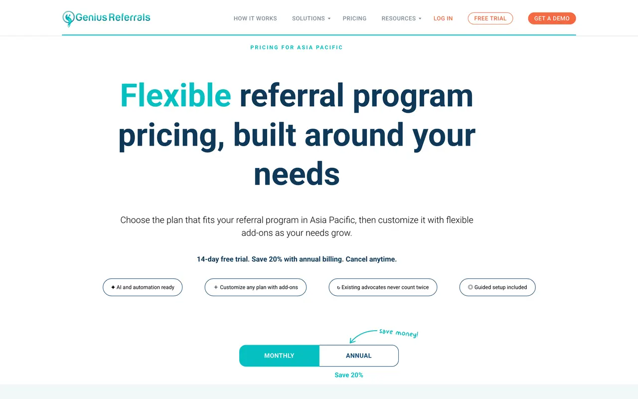 Genius Referrals pricing page - Affiliate & Partner SaaS pricing tiers and plans