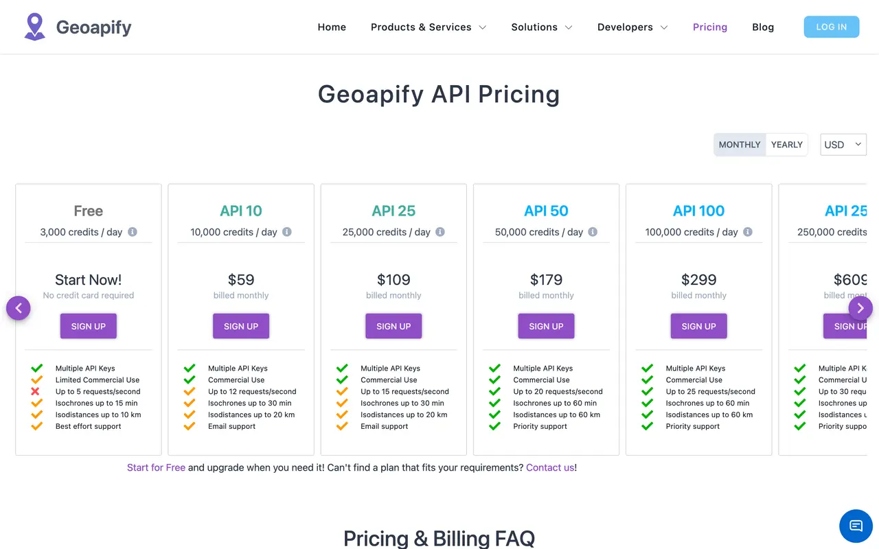 Geoapify pricing page - API Tools SaaS pricing tiers and plans