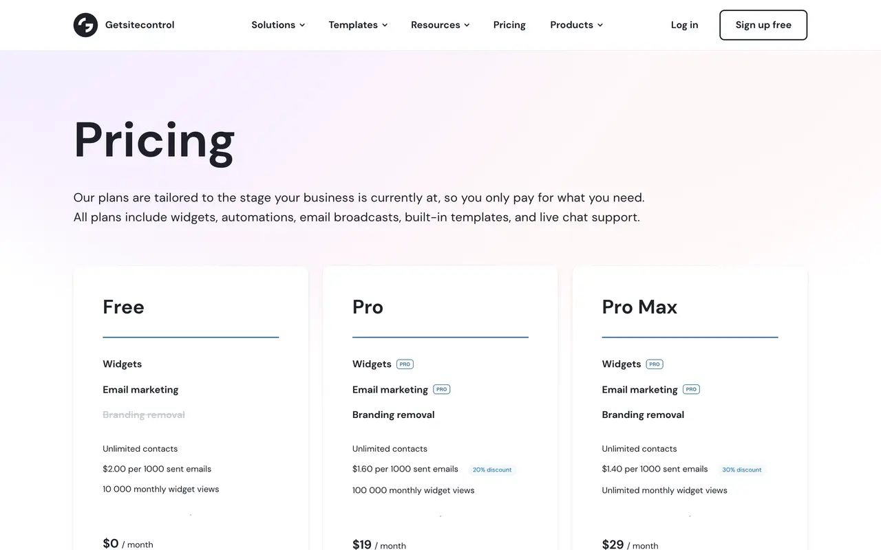 Getsitecontrol pricing page - Conversion Optimization SaaS pricing tiers and plans