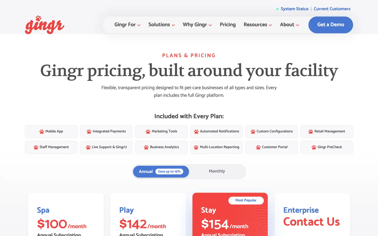 Gingr pricing page - Pet Care SaaS pricing tiers and plans