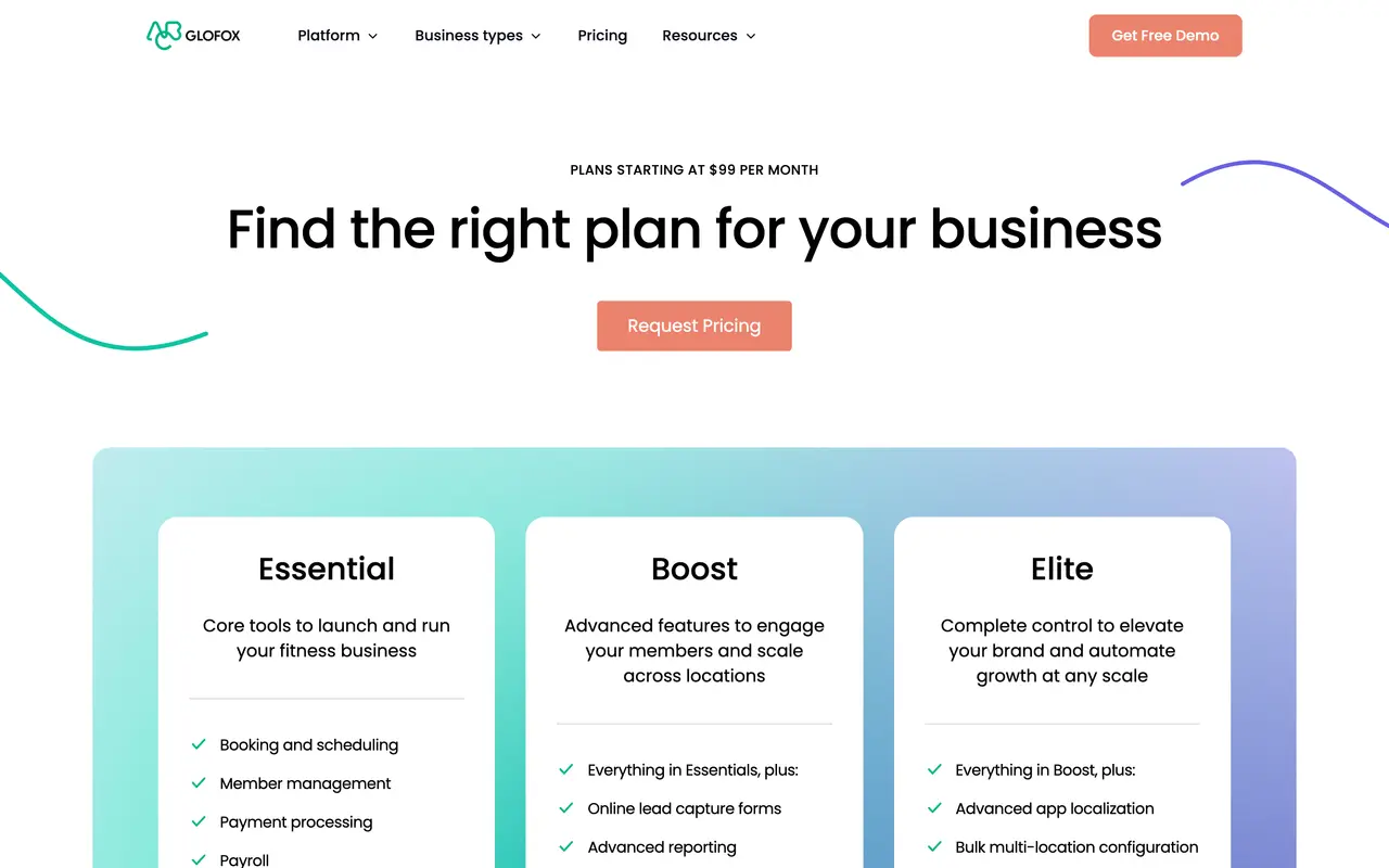 Glofox pricing page - Fitness SaaS pricing tiers and plans