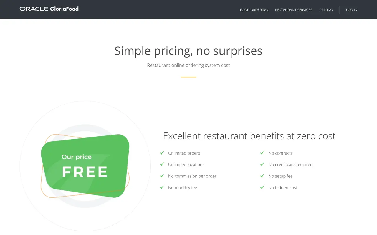 GloriaFood pricing page - Restaurants SaaS pricing tiers and plans