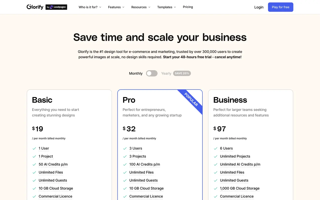 Glorify pricing page - Design SaaS pricing tiers and plans