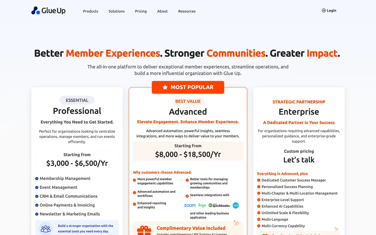 Glue Up pricing page - Associations SaaS pricing tiers and plans