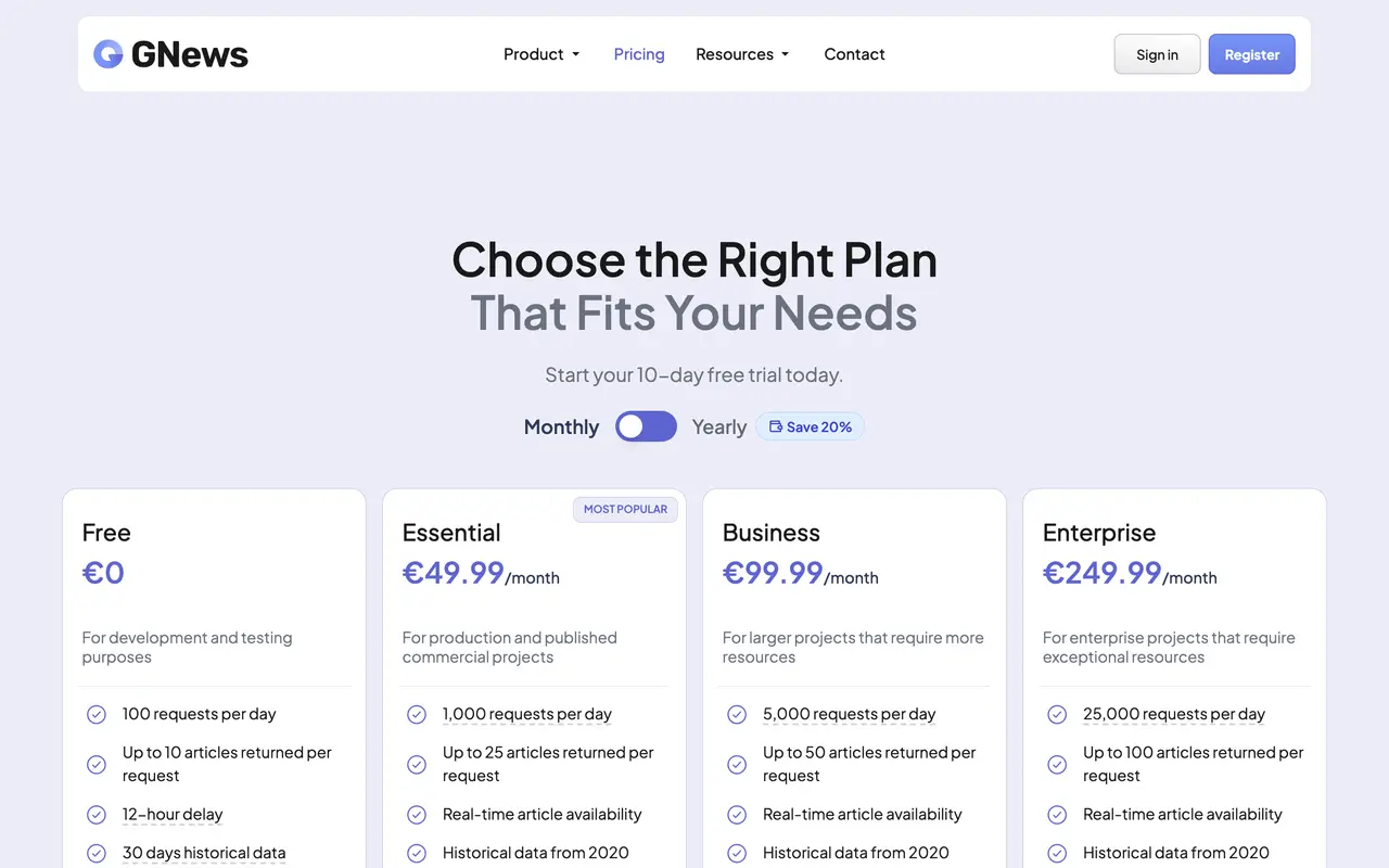 GNews pricing page - API Tools SaaS pricing tiers and plans