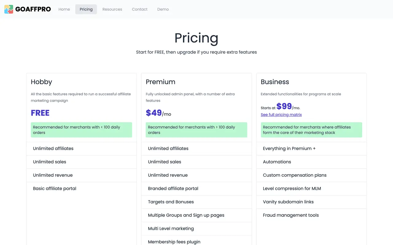 Goaffpro pricing page - Affiliate SaaS pricing tiers and plans
