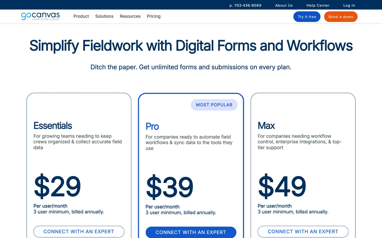 GoCanvas pricing page - Forms SaaS pricing tiers and plans