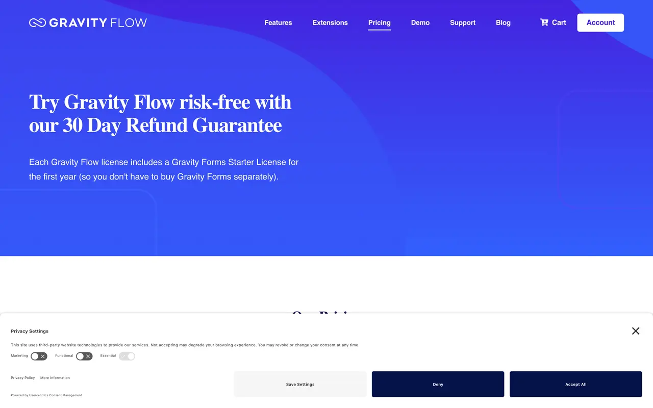 Gravity Flow pricing page - Forms SaaS pricing tiers and plans