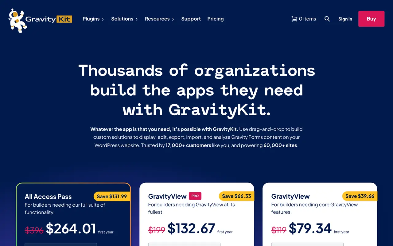 GravityKit pricing page - Forms SaaS pricing tiers and plans