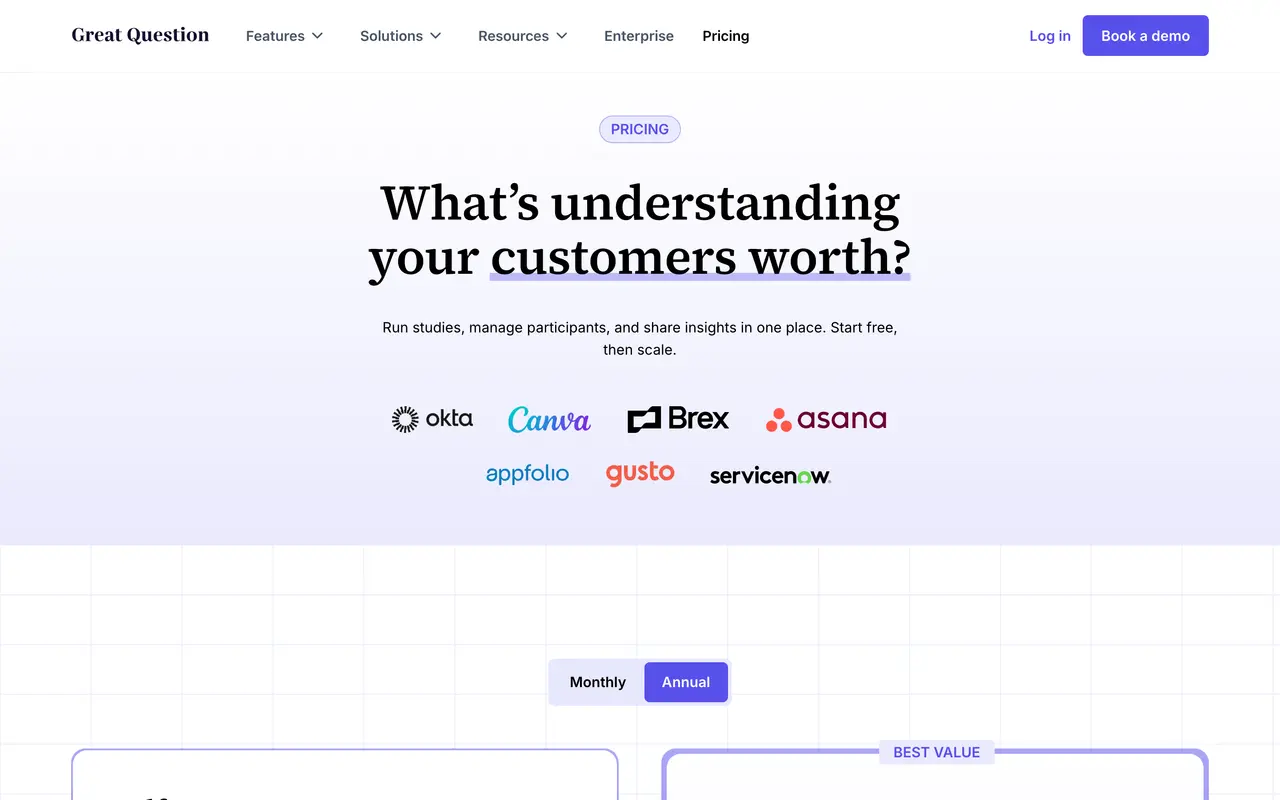 Great Question pricing page - Customer Feedback SaaS pricing tiers and plans