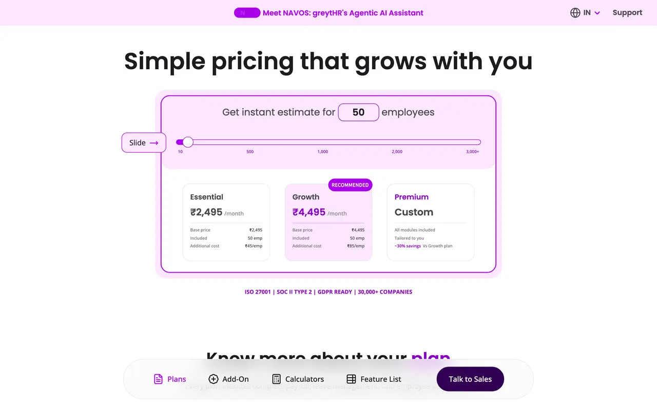 greytHR pricing page - Payroll SaaS pricing tiers and plans