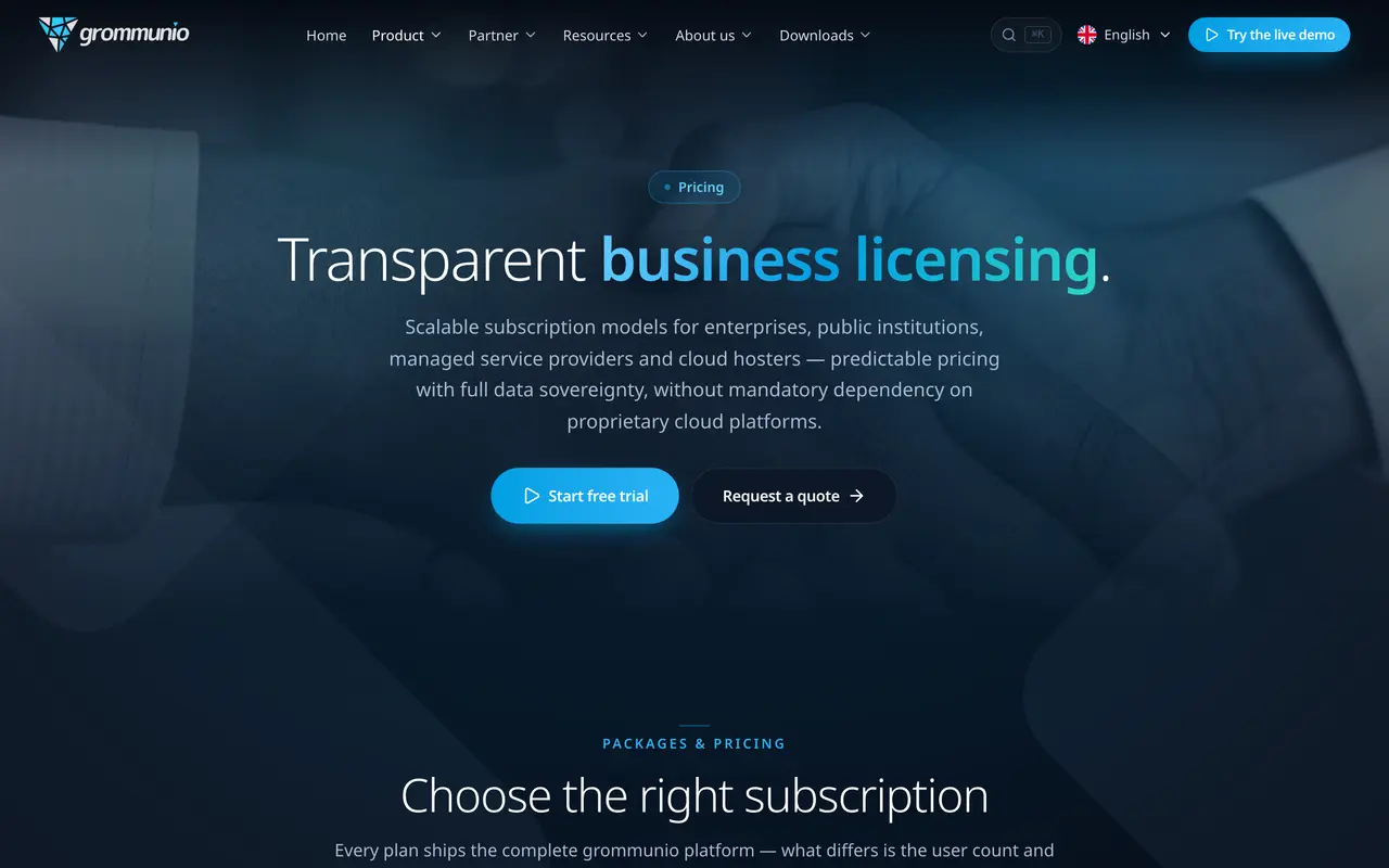 grommunio pricing page - Email SaaS pricing tiers and plans