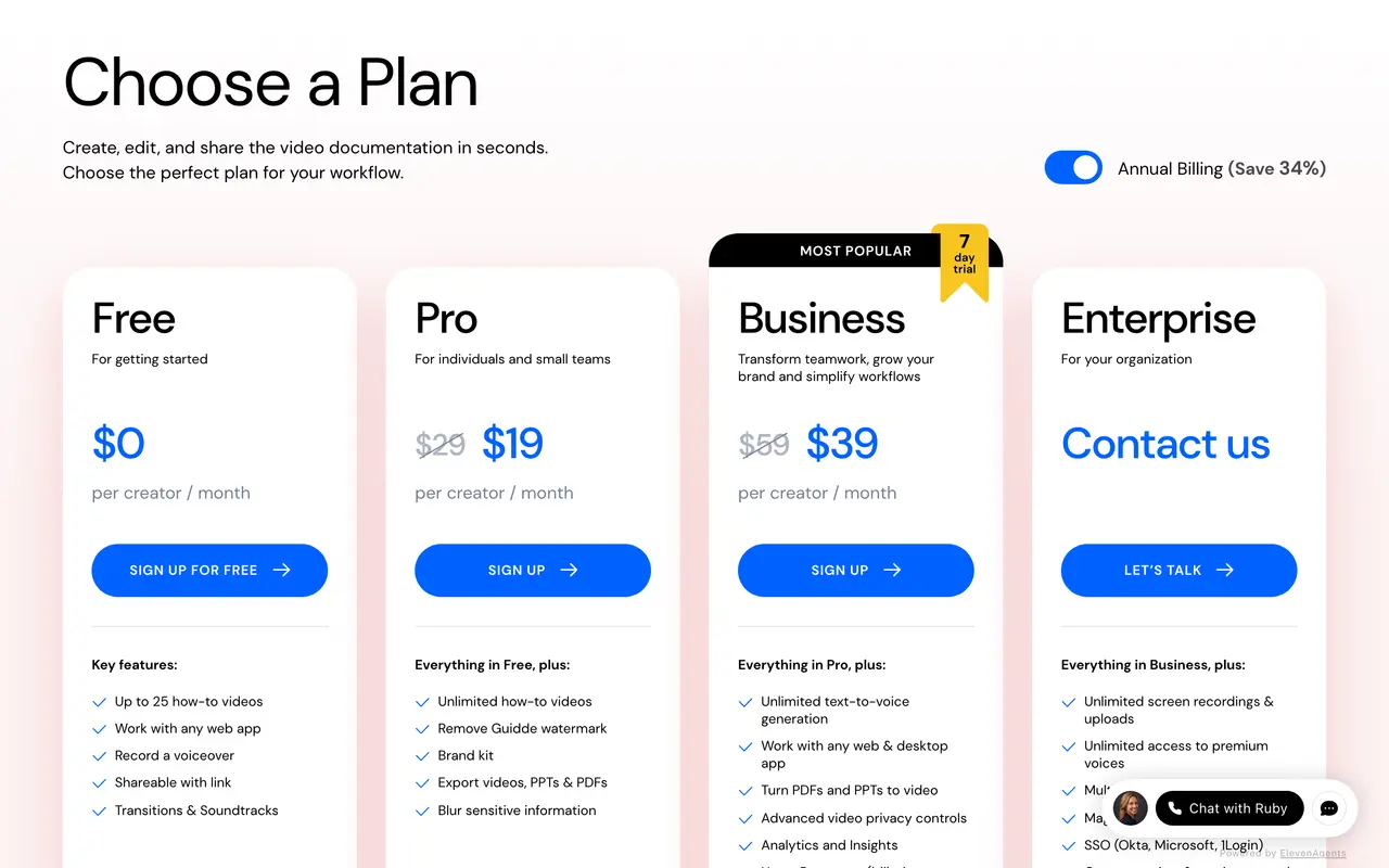 Guidde pricing page - AI Productivity SaaS pricing tiers and plans