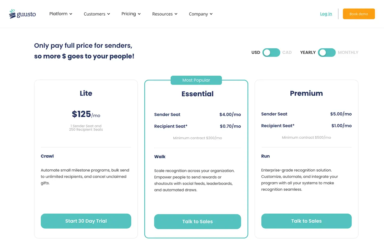 Guusto pricing page - Employee Engagement SaaS pricing tiers and plans