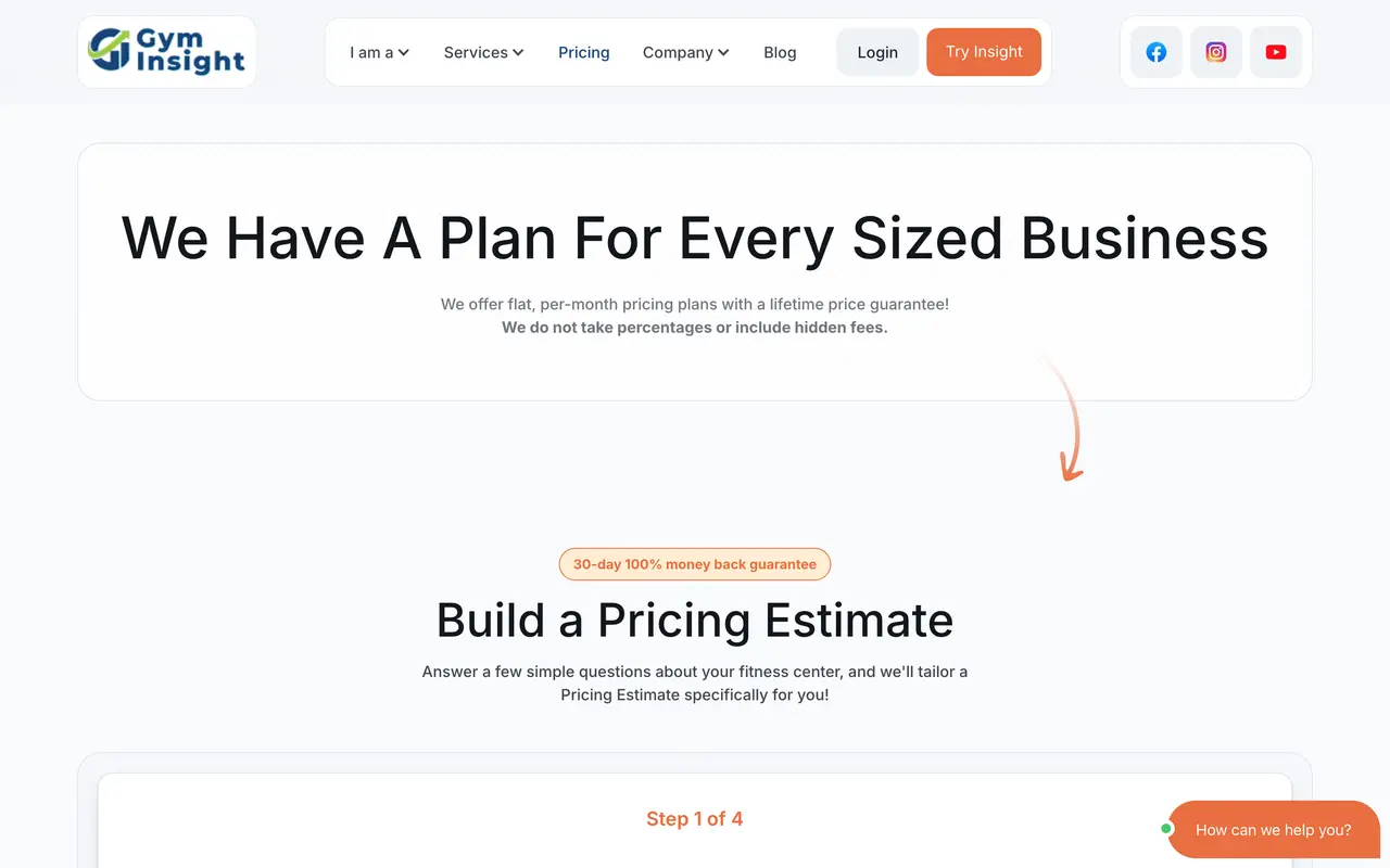 Gym Insight pricing page - Fitness SaaS pricing tiers and plans