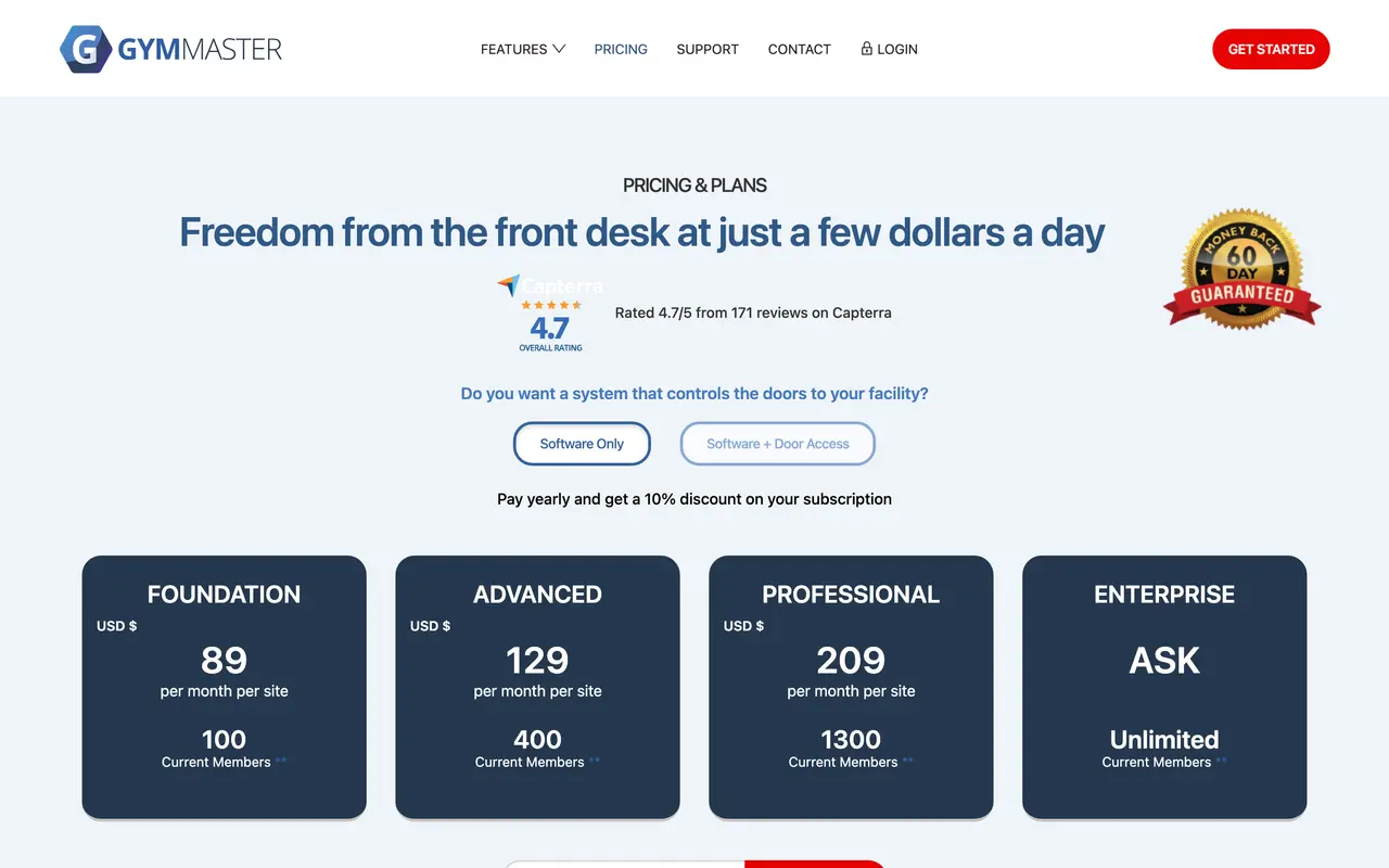 GymMaster pricing page - Fitness SaaS pricing tiers and plans