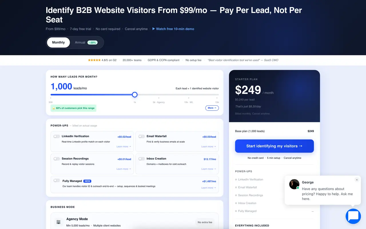 Happierleads pricing page - Sales SaaS pricing tiers and plans