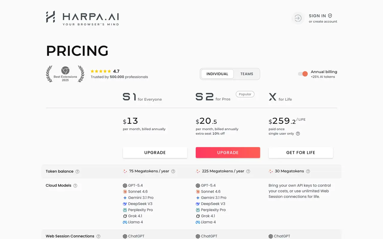 HARPA AI pricing page - AI Productivity SaaS pricing tiers and plans
