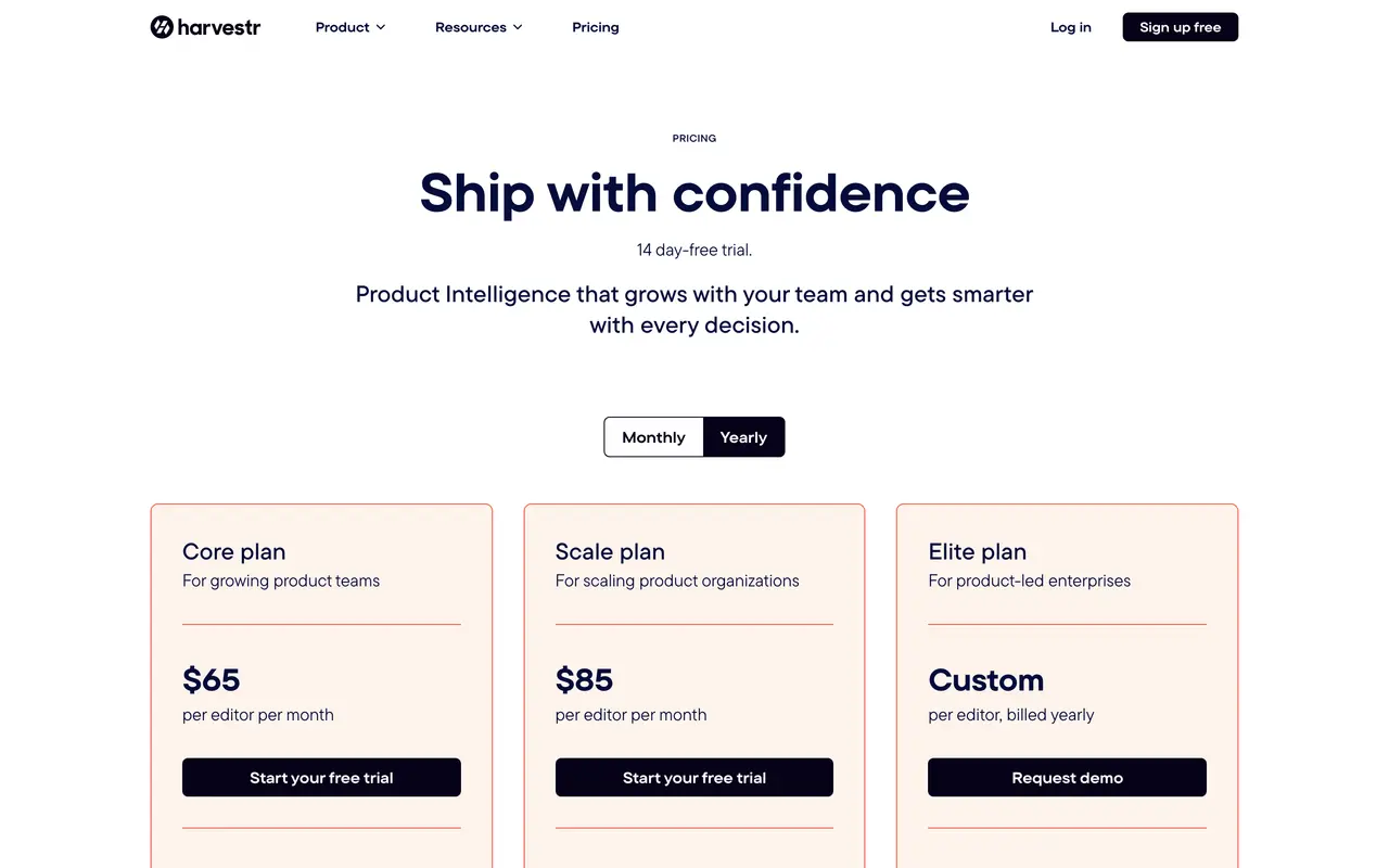 Harvestr pricing page - Feedback SaaS pricing tiers and plans
