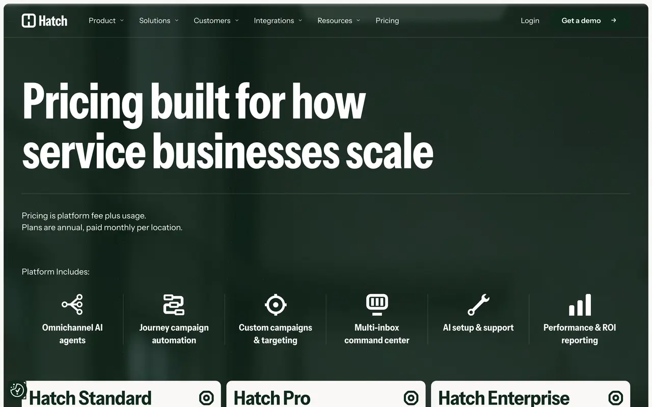 Hatch pricing page - Field Service SaaS pricing tiers and plans