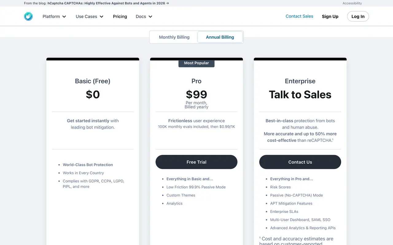 hCaptcha pricing page - Privacy SaaS pricing tiers and plans