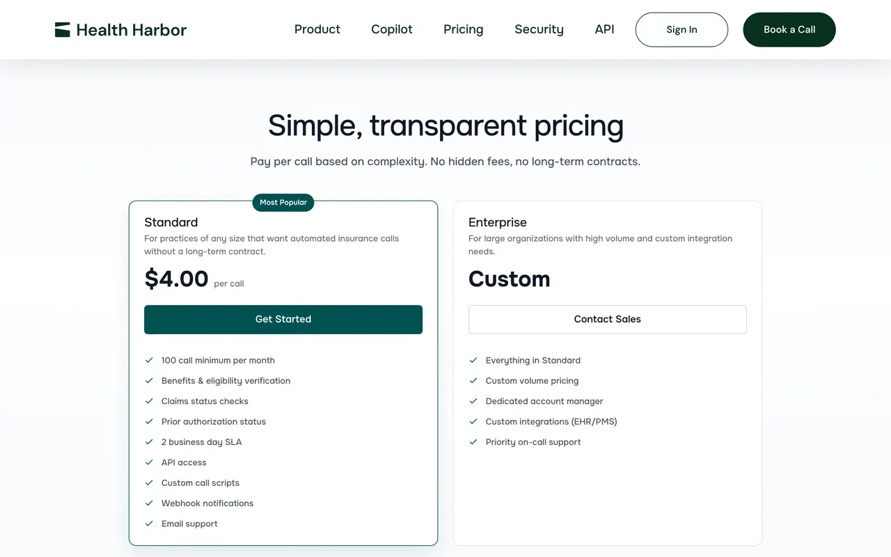 Health Harbor pricing page - AI Healthcare SaaS pricing tiers and plans