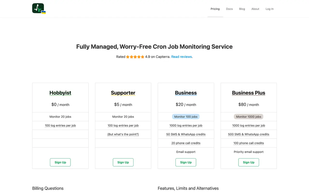 Healthchecks.io pricing page - Monitoring SaaS pricing tiers and plans