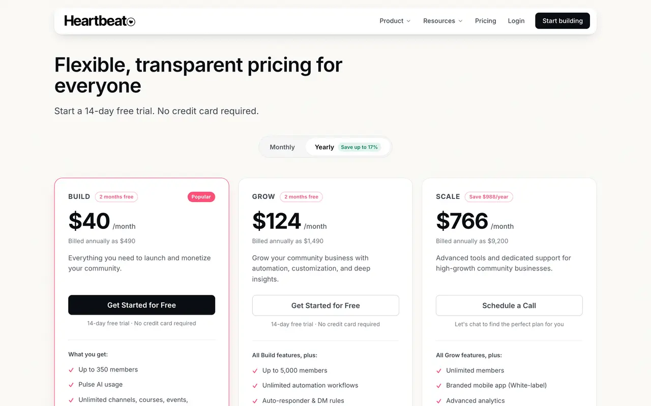 Heartbeat pricing page - Community SaaS pricing tiers and plans
