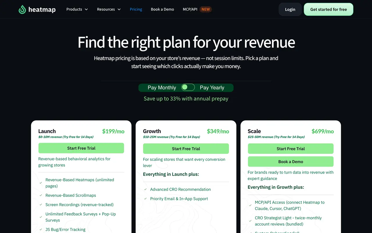 Heatmap pricing page - Analytics SaaS pricing tiers and plans