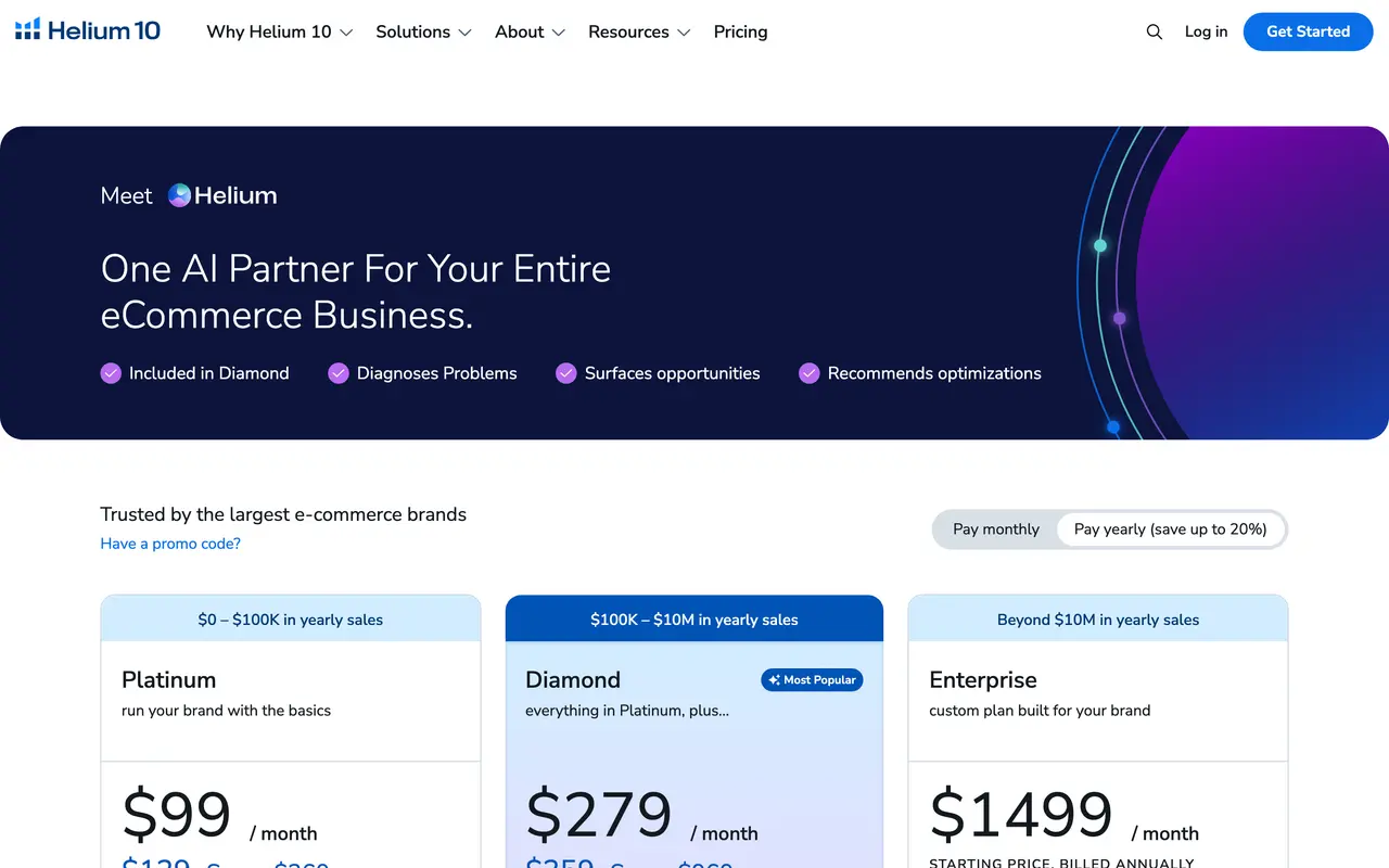 Helium 10 pricing page - Chrome Extension SaaS pricing tiers and plans