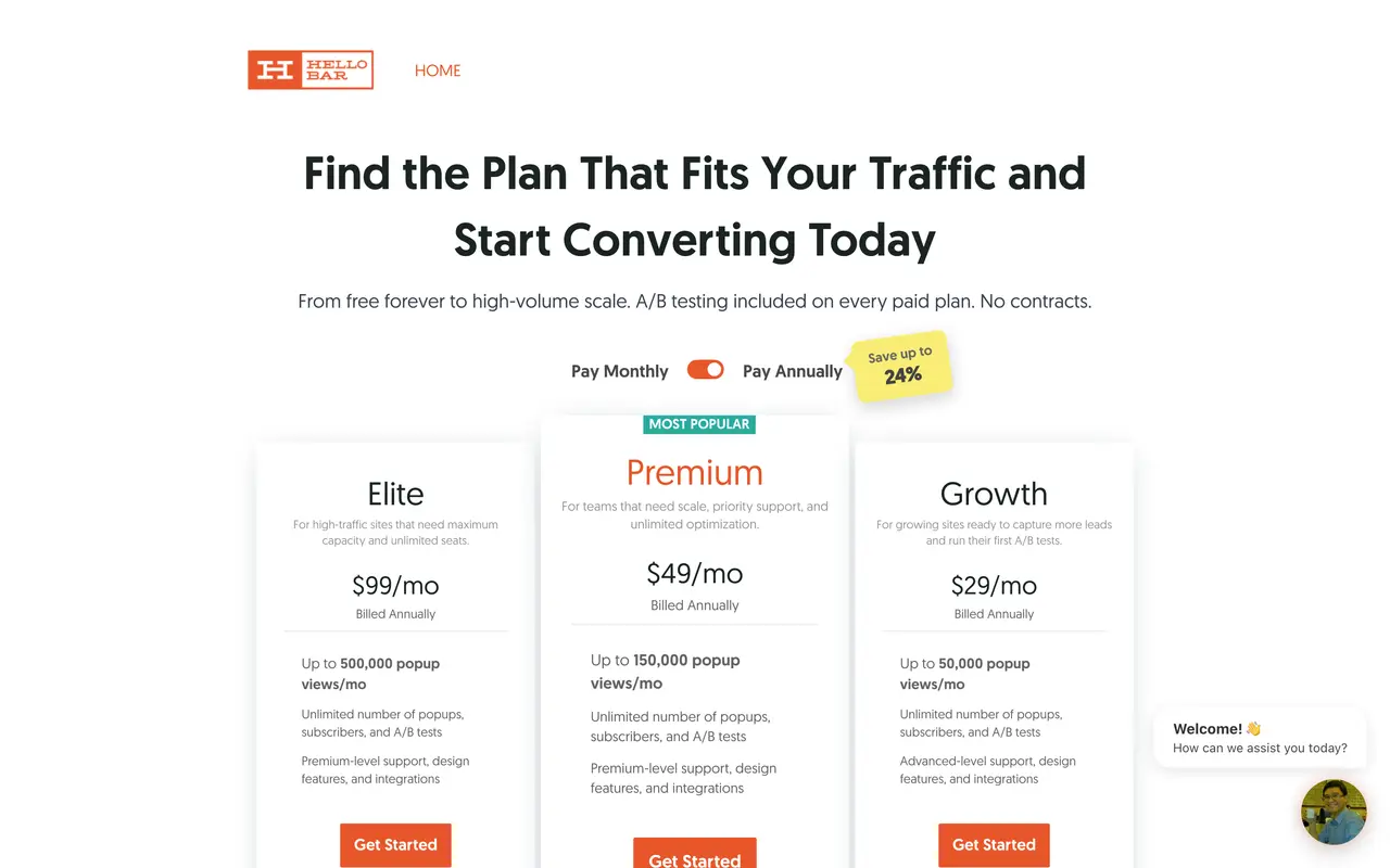 Hello Bar pricing page - Conversion Optimization SaaS pricing tiers and plans