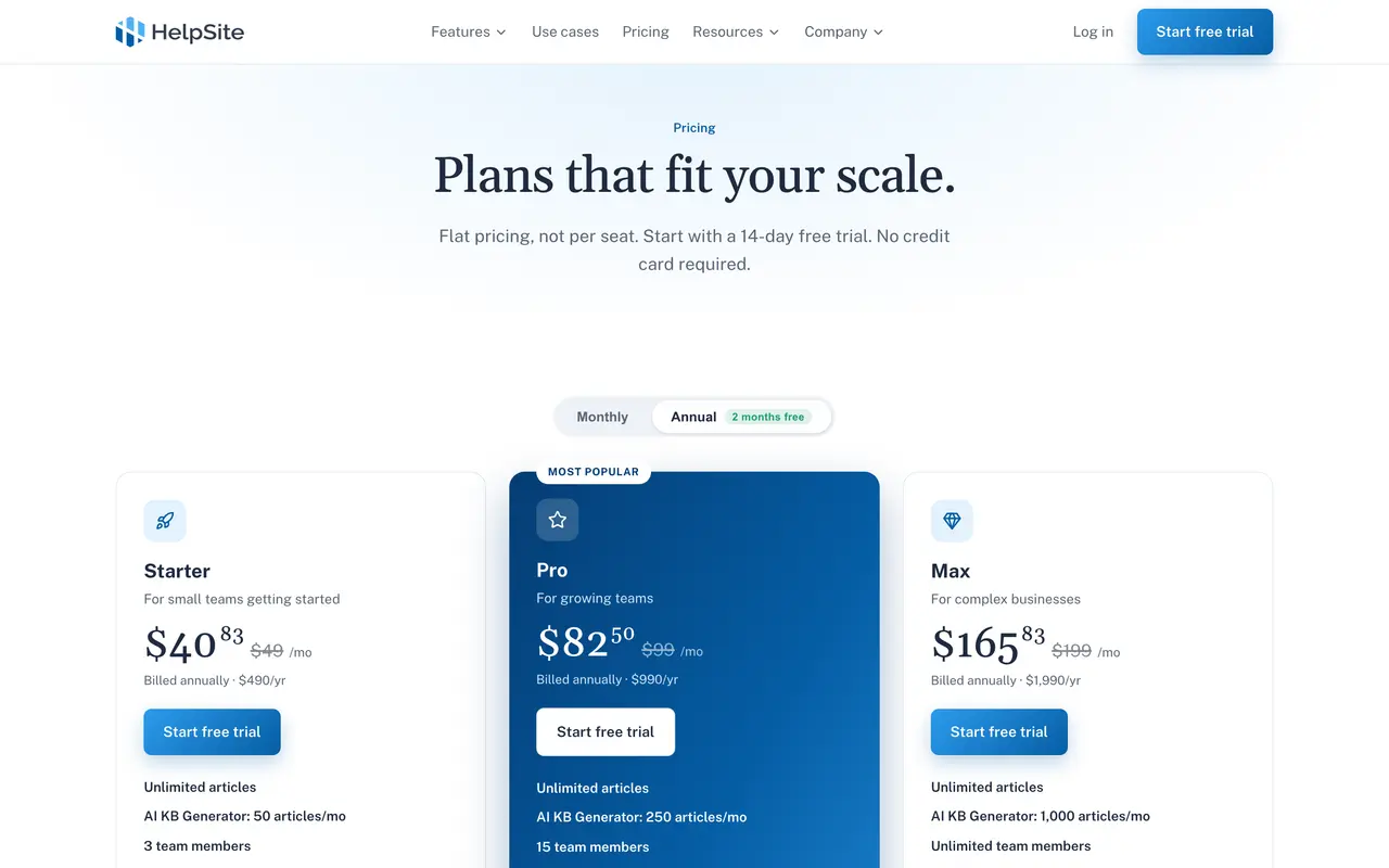 HelpSite pricing page - Knowledge Base & Documentation SaaS pricing tiers and plans
