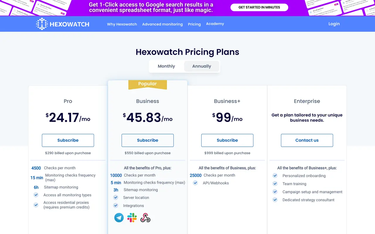 Hexometer pricing page - SEO SaaS pricing tiers and plans
