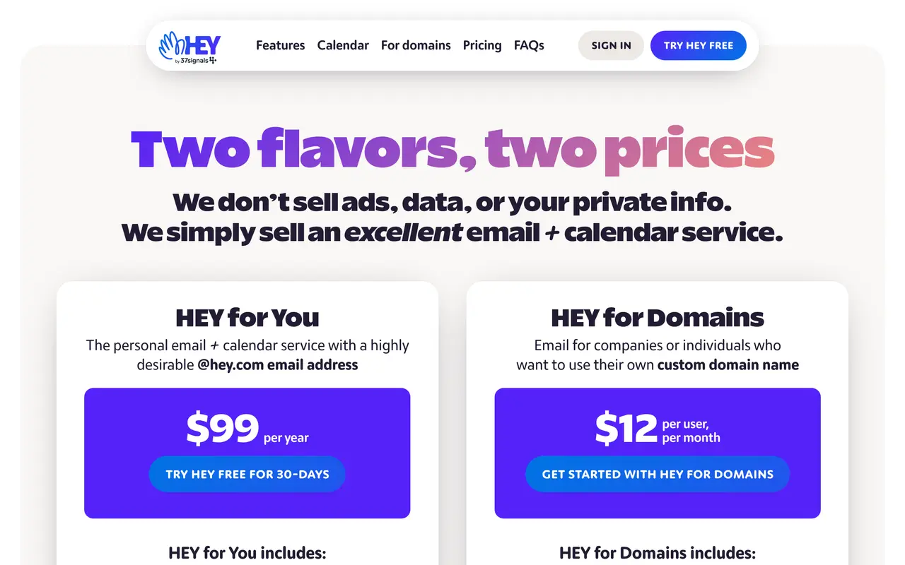HEY pricing page - Email SaaS pricing tiers and plans