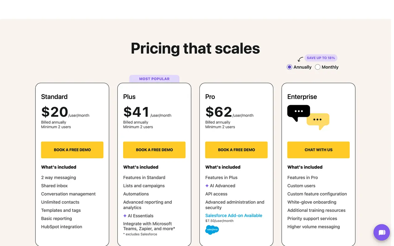 Heymarket pricing page - Sales SaaS pricing tiers and plans