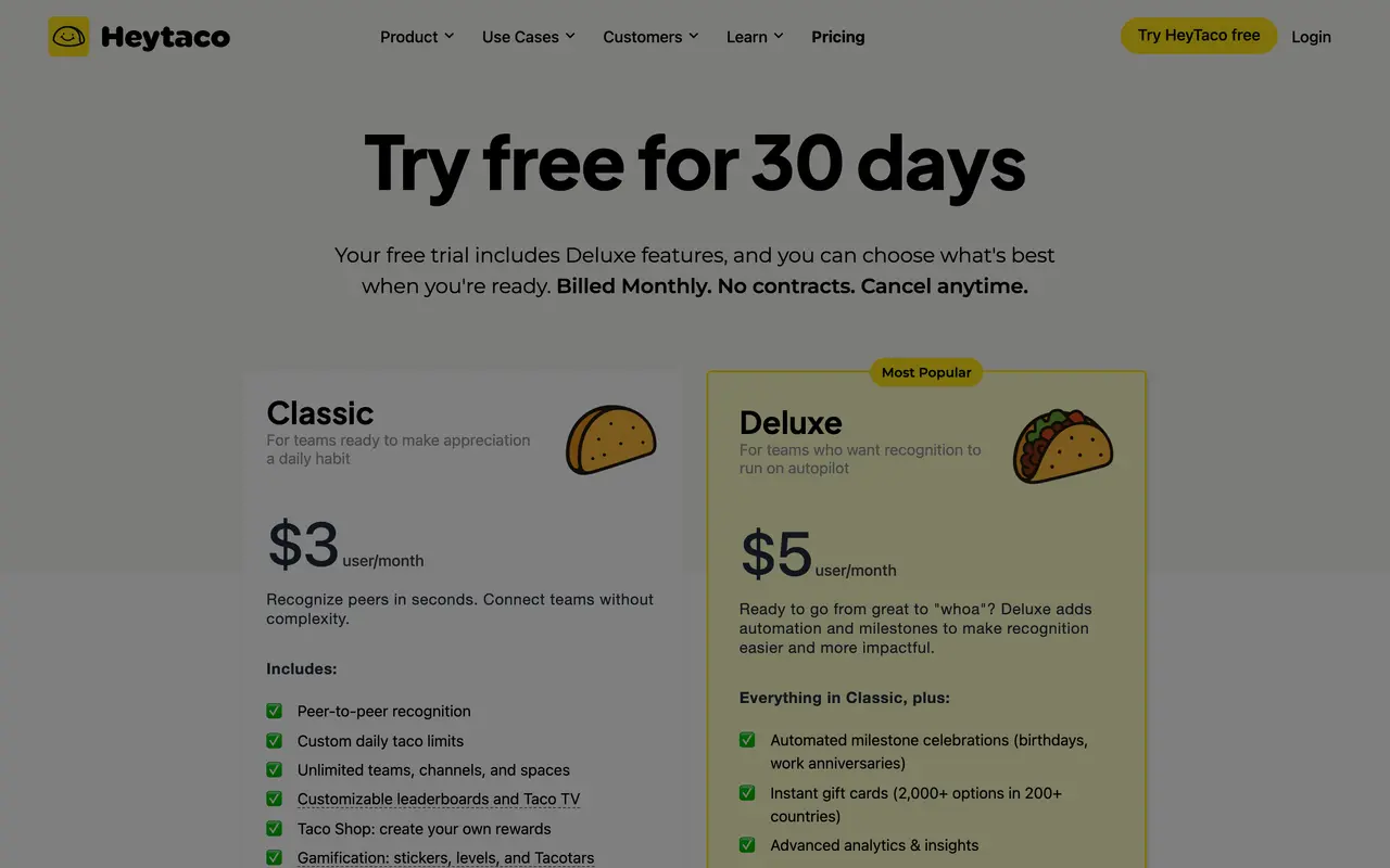 HeyTaco pricing page - HR SaaS pricing tiers and plans