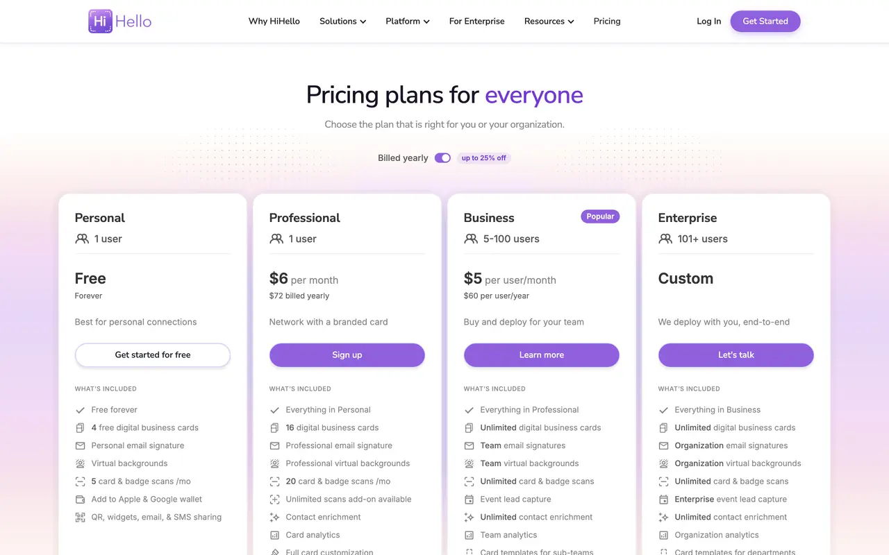 HiHello pricing page - Digital Business Cards SaaS pricing tiers and plans