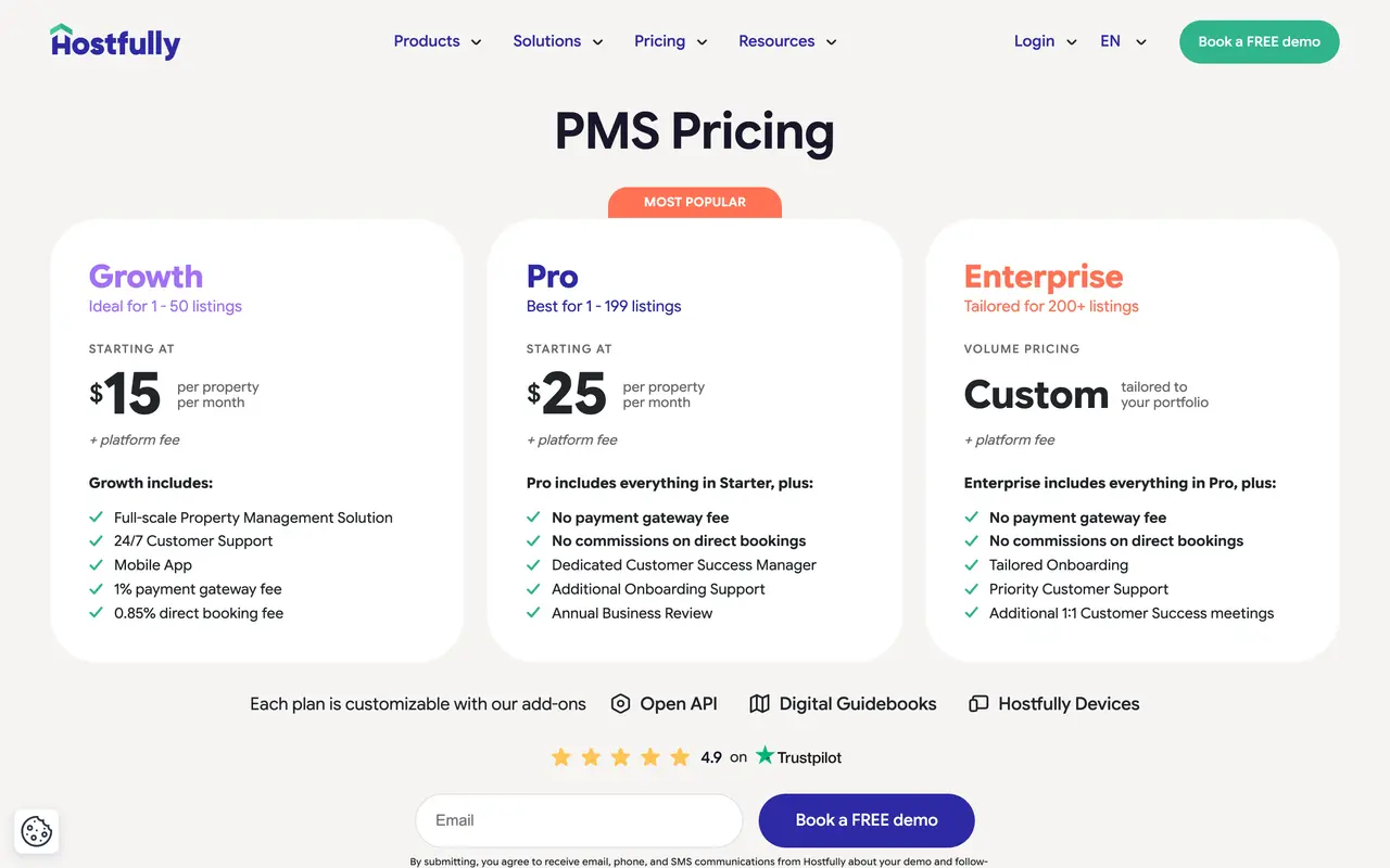 Hostfully pricing page - Vacation Rentals SaaS pricing tiers and plans