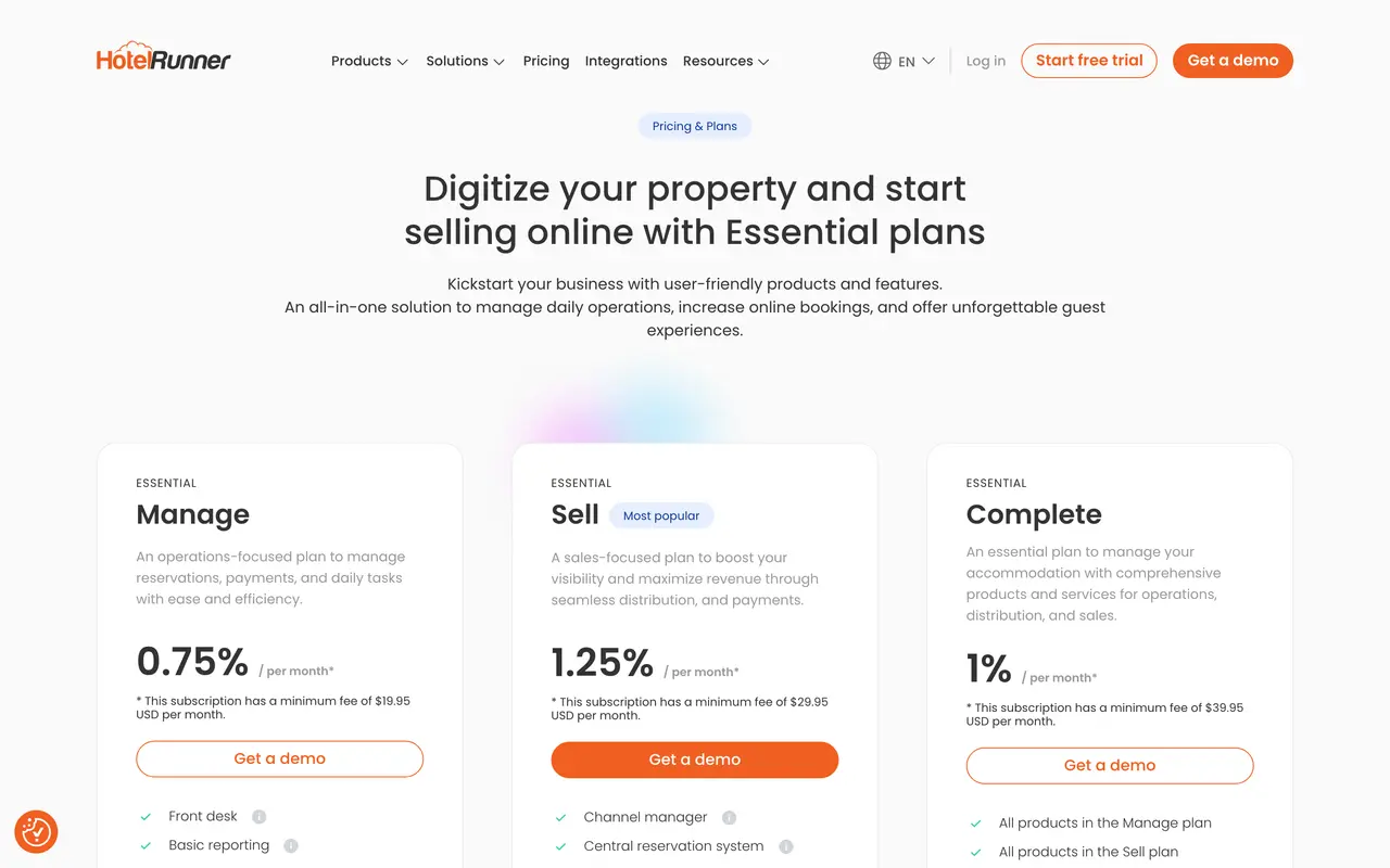 HotelRunner pricing page - Hotels SaaS pricing tiers and plans