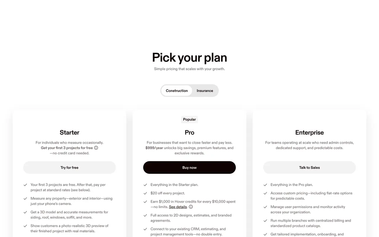 Hover pricing page - Roofing SaaS pricing tiers and plans