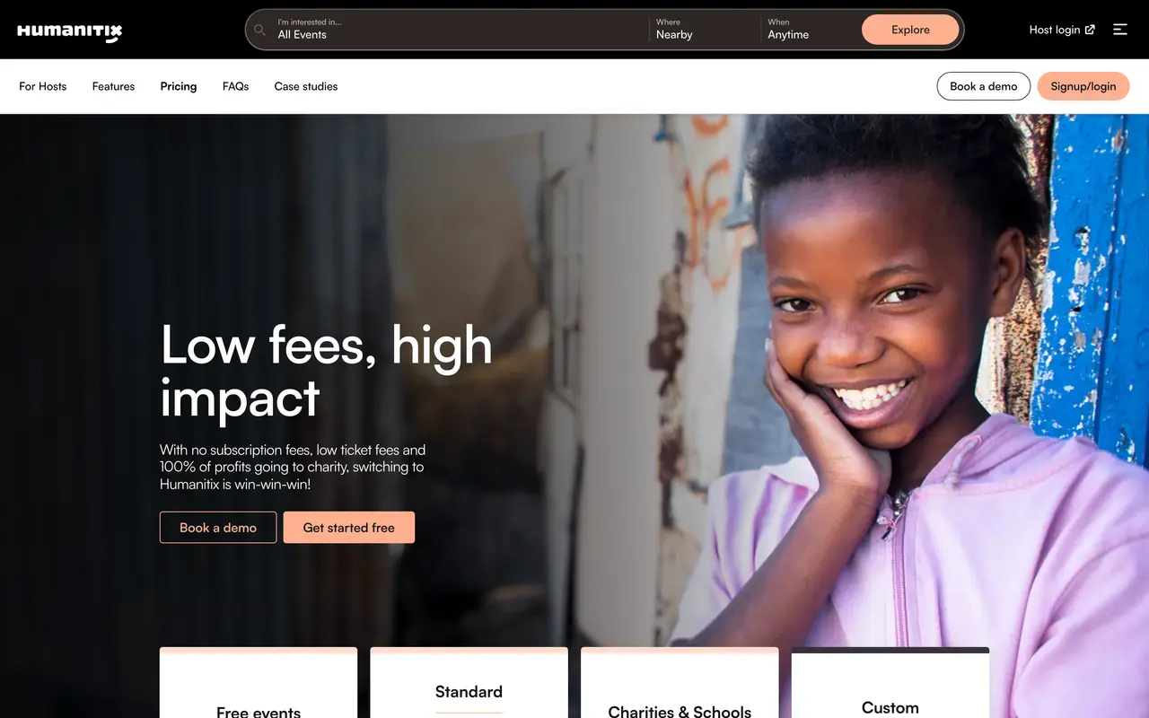 Humanitix pricing page - Event Management SaaS pricing tiers and plans