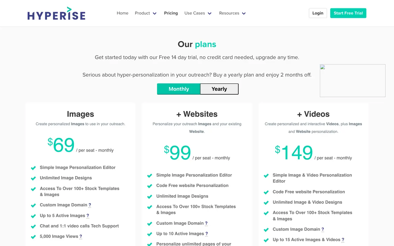 Hyperise pricing page - Conversion Optimization SaaS pricing tiers and plans