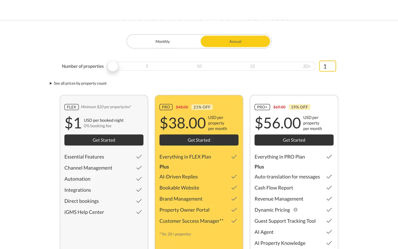 iGMS pricing page - Hospitality & Travel SaaS pricing tiers and plans