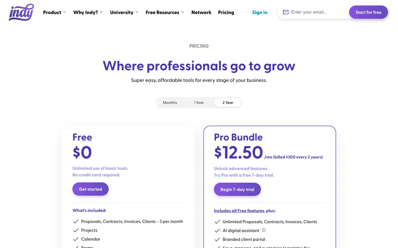 Indy Freelance pricing page - Time Tracking & Invoicing SaaS pricing tiers and plans