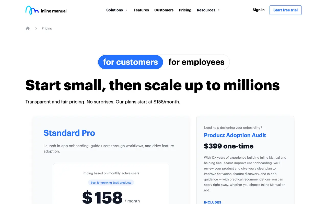 Inline Manual pricing page - Customer Success & Onboarding SaaS pricing tiers and plans