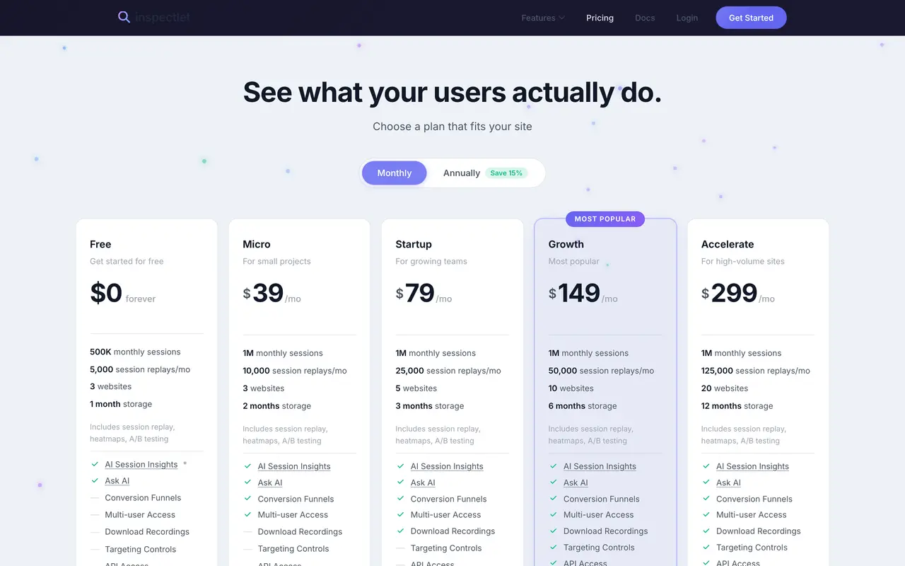 Inspectlet pricing page - Analytics SaaS pricing tiers and plans