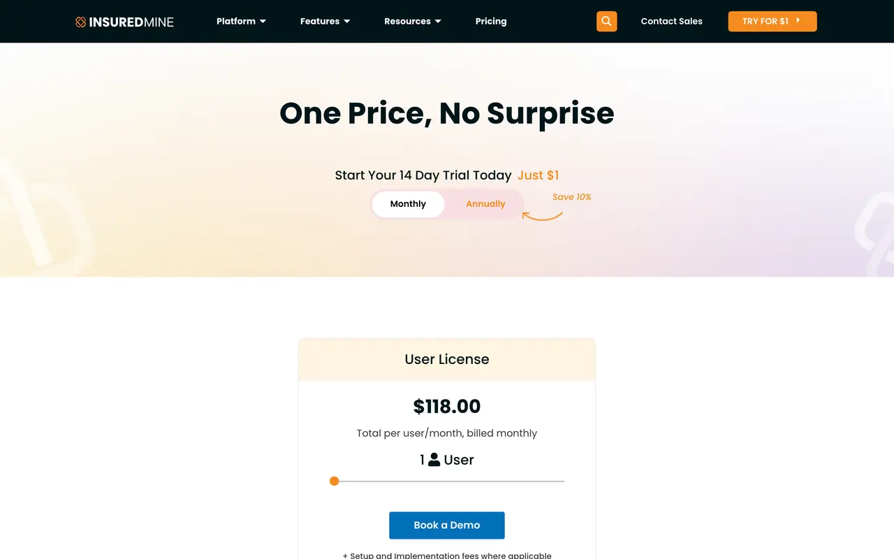 InsuredMine pricing page - Insurance SaaS pricing tiers and plans