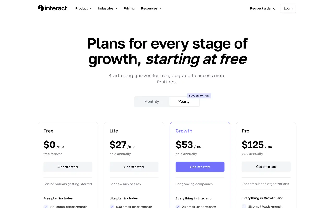 Interact pricing page - Quiz SaaS pricing tiers and plans