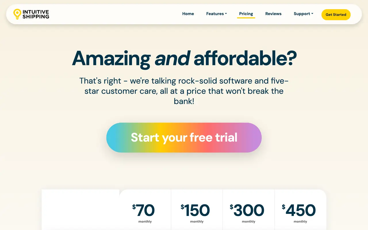 Intuitive Shipping pricing page - Shopify Apps SaaS pricing tiers and plans