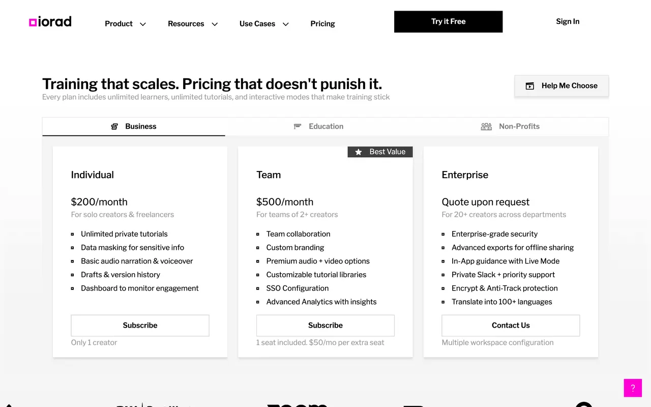 iorad pricing page - Video SaaS pricing tiers and plans